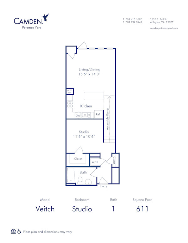 Blueprint of Veitch Floor Plan, Studio with 1 Bathroom at Camden Potomac Yard Apartments in Arlington, VA