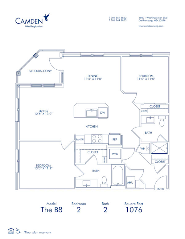 Blueprint of The B8, 2 Bedroom 2 Bathroom Floor Plan at Camden Washingtonian Apartments in Gaithersburg, MD
