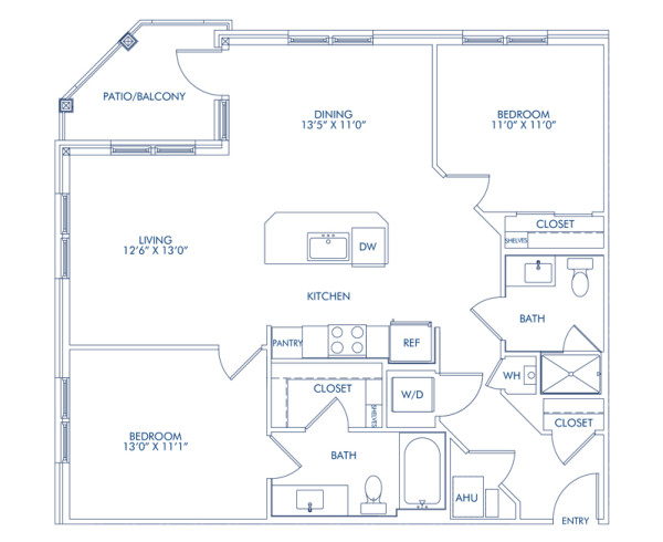 Blueprint of The B8, 2 Bedroom 2 Bathroom Floor Plan at Camden Washingtonian Apartments in Gaithersburg, MD 