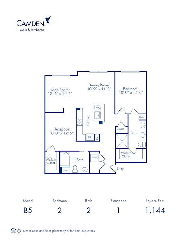 Blueprint of Peace Floor Plan, 1 Bedroom and 2 Bathrooms at Camden Main and Jamboree Apartments in Irvine, CA