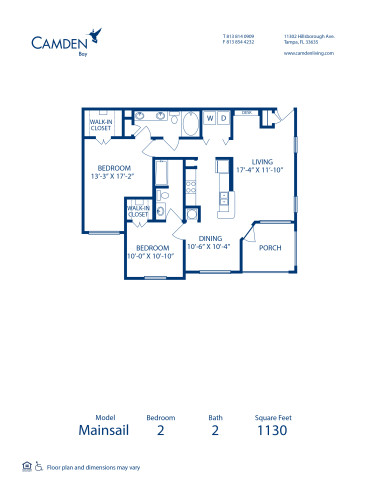 Blueprint of Mainsail (Patio) Floor Plan, 2 Bedrooms and 2 Bathrooms at Camden Bay Apartments in Tampa, FL