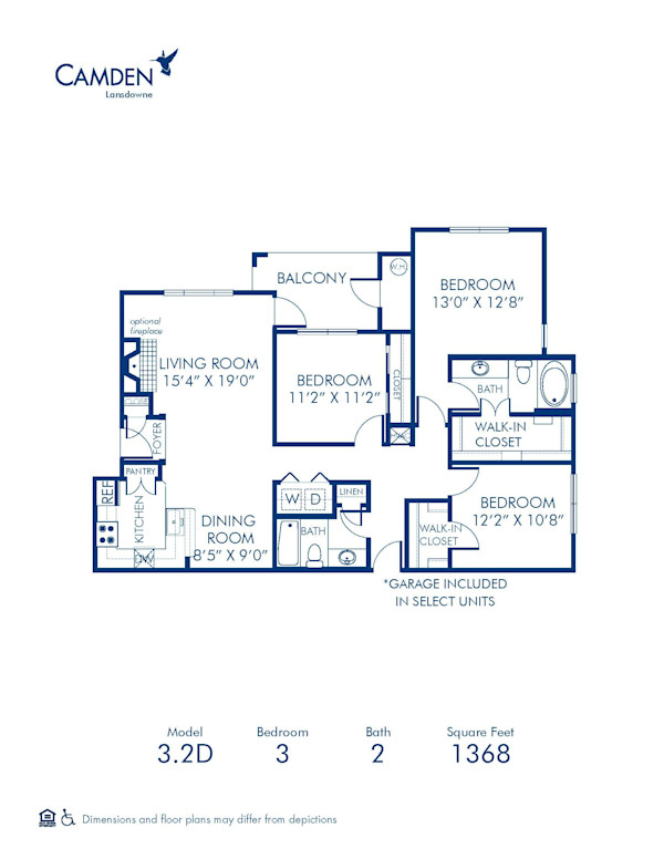 Blueprint of 3.2D Floor Plan, 3 Bedrooms and 2 Bathrooms at Camden Lansdowne Apartments in Lansdowne, VA