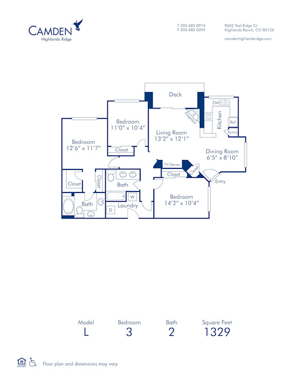 Blueprint of L Floor Plan, 3 Bedrooms and 2 Bathrooms at Camden Highlands Ridge Apartments in Highlands Ranch, CO