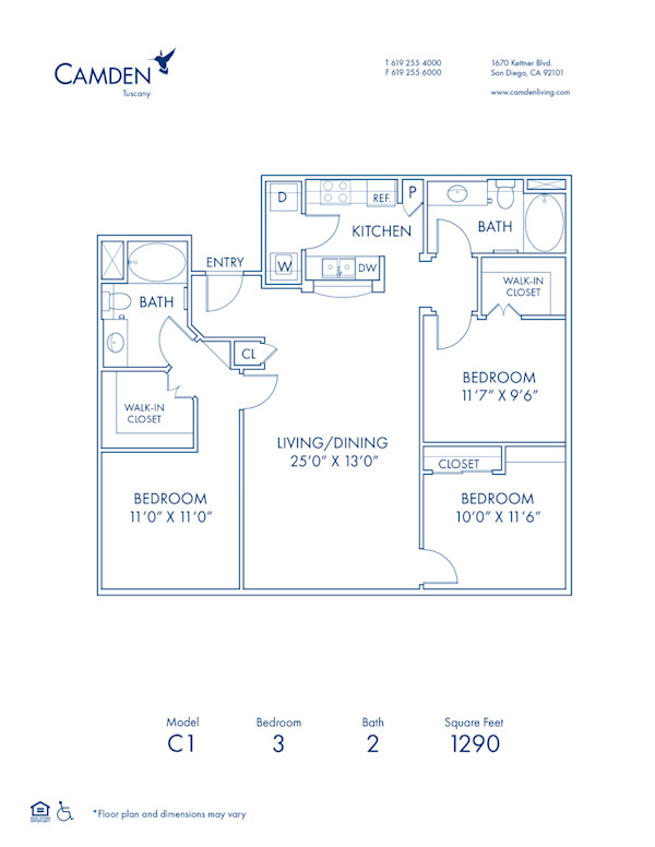 Blueprint of C1 Floor Plan, 3 Bedrooms and 2 Bathrooms at Camden Tuscany Apartments in San Diego, CA