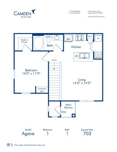 Blueprint of Agave Floor Plan, 1 Bedroom and 1 Bathroom at Camden Brushy Creek Apartments in Cedar Park, TX