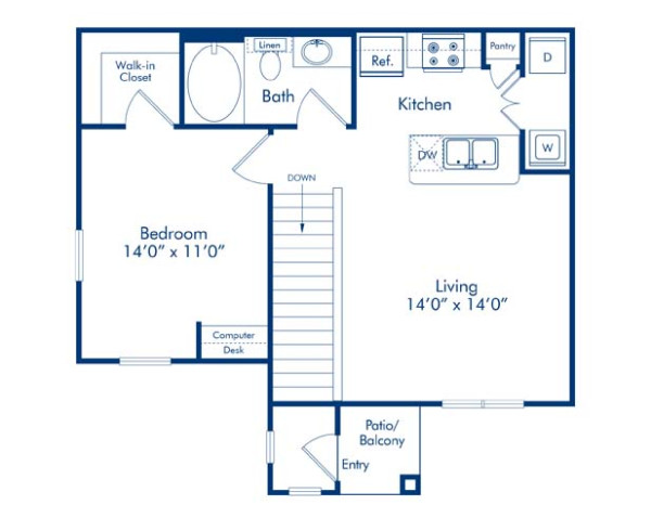 Blueprint of Agave Floor Plan, 1 Bedroom and 1 Bathroom at Camden Brushy Creek Apartments in Cedar Park, TX