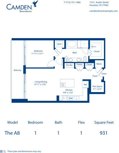 Camden Downtown Houston apartments one bedroom floor plan A8