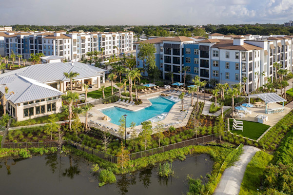 Aerial view of Camden Clearwater apartments, clubhouse, pool and lake.