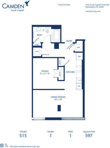 Blueprint of S15 Floor Plan, Studio with 1 Bathroom at Camden South Capitol Apartments in Washington, DC