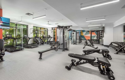 The 24-Hour fitness center at Camden Central Apartments in St. Petersburg, FL.