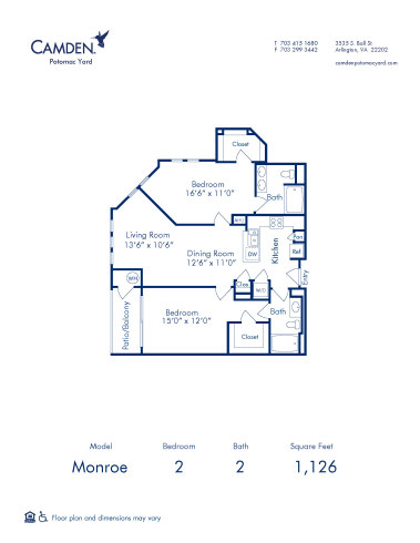 Blueprint of Monroe Floor Plan, 2 Bedrooms and 2 Bathrooms at Camden Potomac Yard Apartments in Arlington, VA