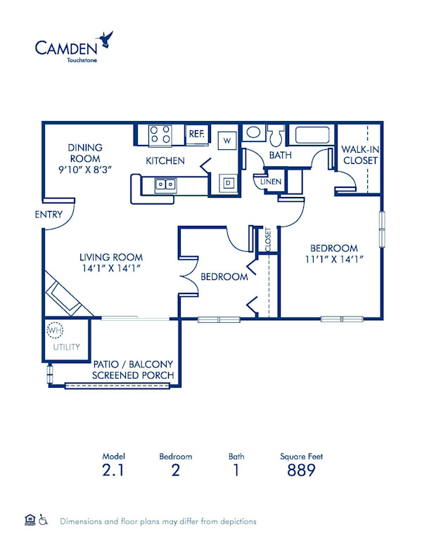 Blueprint of 2.1 Floor Plan, 1 Bedroom and 1 Bathroom at Camden Touchstone Apartments in Charlotte, NC