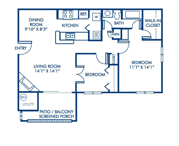 Blueprint of 2.1 Floor Plan, 1 Bedroom and 1 Bathroom at Camden Touchstone Apartments in Charlotte, NC