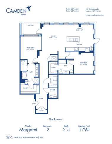 Blueprint of Margaret Floor Plan, 2 Bedrooms and 2 Bathrooms at Camden Paces Apartments in Atlanta, GA