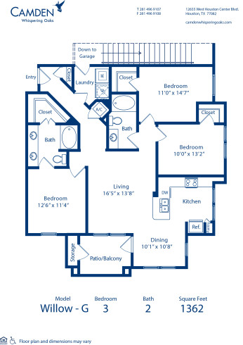 Blueprint of Willow - G Floor Plan, Apartment Home with 3 Bedrooms and 2 Bathrooms at Camden Whispering Oaks in Houston, TX