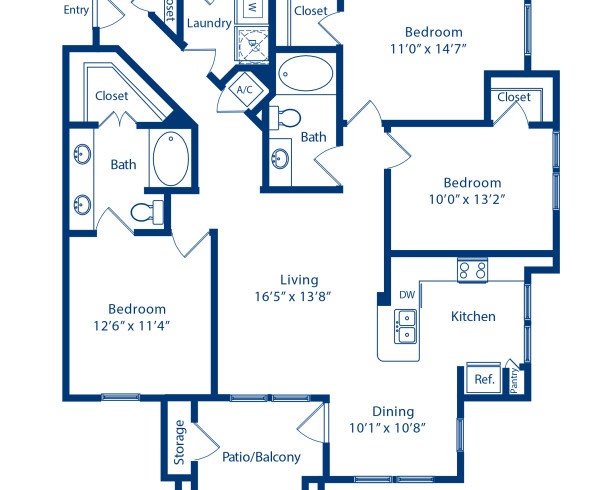 Blueprint of Willow - G Floor Plan, Apartment Home with 3 Bedrooms and 2 Bathrooms at Camden Whispering Oaks in Houston, TX
