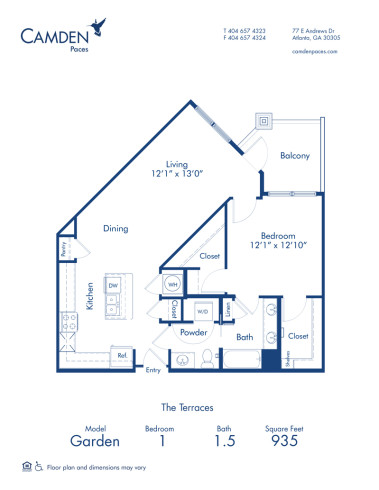 Blueprint of Garden Floor Plan, 1 Bedroom and 1 Bathroom at Camden Paces Apartments in Atlanta, GA