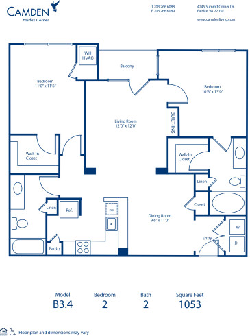 Blueprint of B3.4 Floor Plan, 2 Bedrooms and 2 Bathrooms at Camden Fairfax Corner Apartments in Fairfax, VA