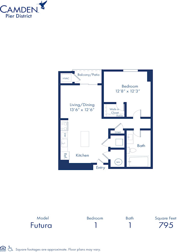Blueprint of Futura floor plan, one bedroom one bathroom apartment home at Camden Pier District apartments in St. Petersburg, FL