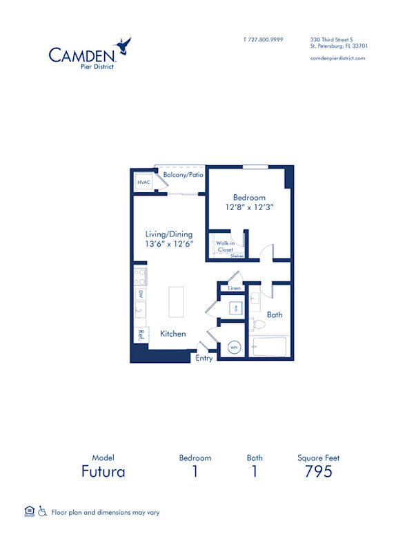 Blueprint of Futura floor plan, one bedroom one bathroom apartment home at Camden Pier District apartments in St. Petersburg, FL