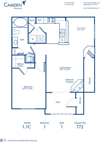 Blueprint of 1.1C Floor Plan, 1 Bedroom and 1 Bathroom at Camden Westwood Apartments in Morrisville, NC