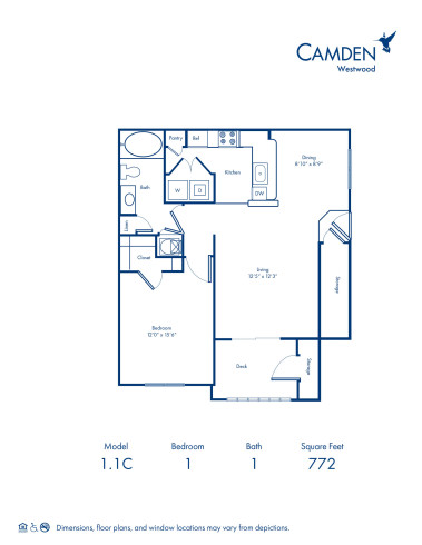 Blueprint of 1.1C Floor Plan, 1 Bedroom and 1 Bathroom at Camden Westwood Apartments in Morrisville, NC