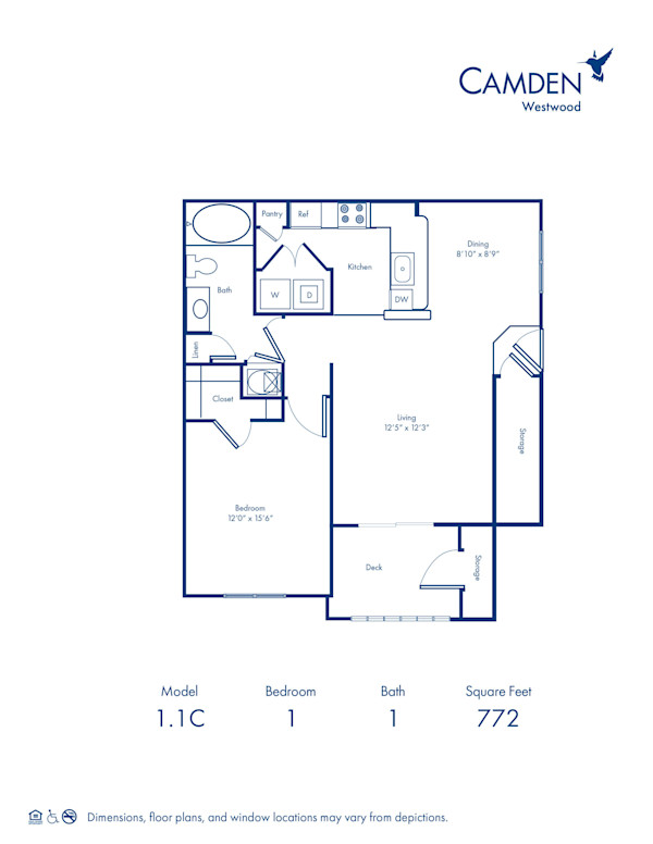 Blueprint of 1.1C Floor Plan, 1 Bedroom and 1 Bathroom at Camden Westwood Apartments in Morrisville, NC
