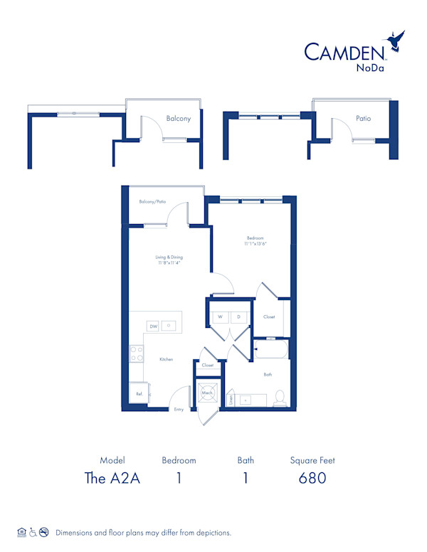 The A2A floor plan, 1 bed, 1 bath at Camden NoDa Apartments in Charlotte, NC