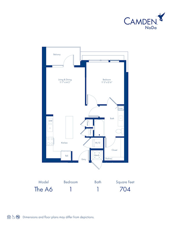 The A6 floor plan, 1 bed, 1 bath at Camden NoDa Apartments in Charlotte, NC
