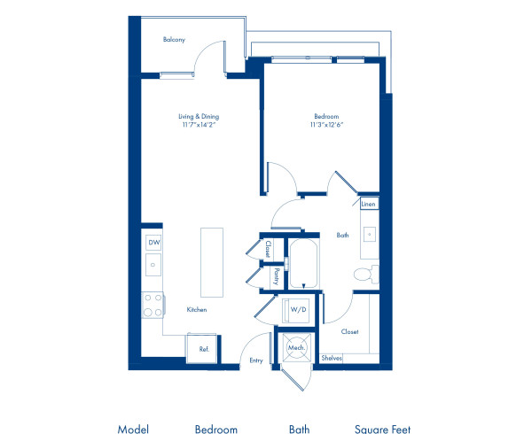The A6 floor plan, 1 bed, 1 bath at Camden NoDa Apartments in Charlotte, NC