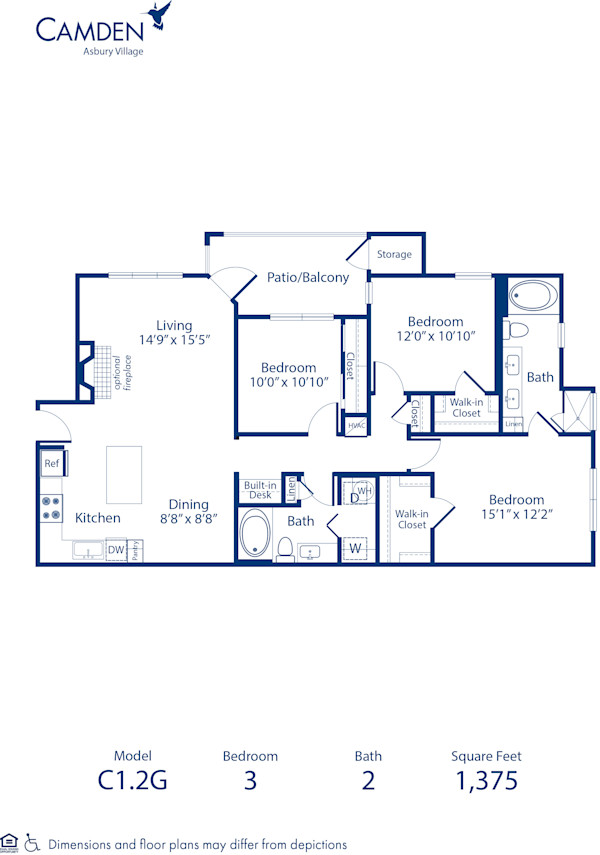 Blueprint of C1.2G Floor Plan, 3 Bedrooms and 2 Bathrooms at Camden Asbury Village Apartments in Raleigh, NC