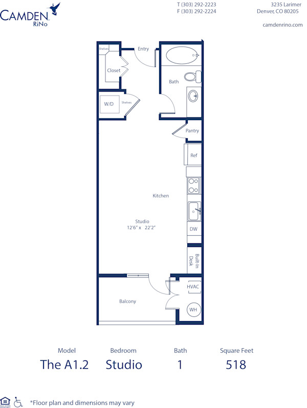 Camden Rino apartments in Denver studio floor plan diagram, The A1.2