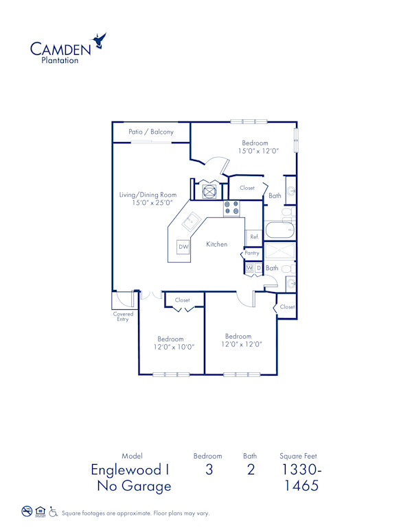 Blueprint of Englewood I - No Garage Floor Plan, 3 Bedrooms and 2 Bathrooms at Camden Plantation Apartments in Plantation, FL