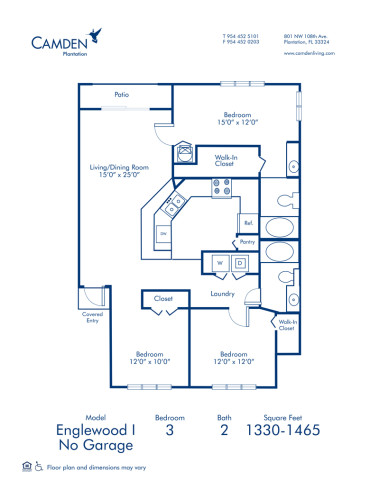 Blueprint of Englewood I - No Garage Floor Plan, 3 Bedrooms and 2 Bathrooms at Camden Plantation Apartments in Plantation, FL