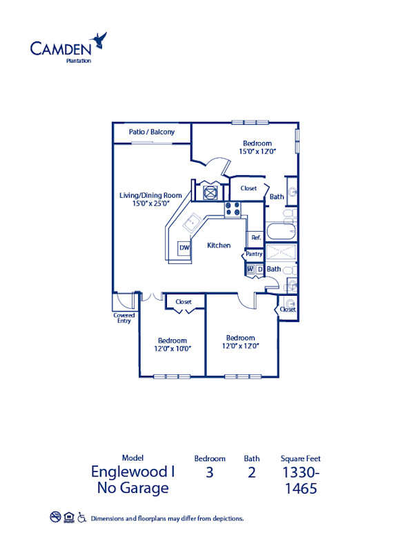 Blueprint of Englewood I - No Garage Floor Plan, 3 Bedrooms and 2 Bathrooms at Camden Plantation Apartments in Plantation, FL