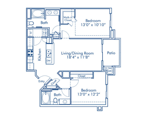 Blueprint of B1 Floor Plan, 2 Bedrooms and 2 Bathrooms at Camden Old Creek Apartments in San Marcos, CA