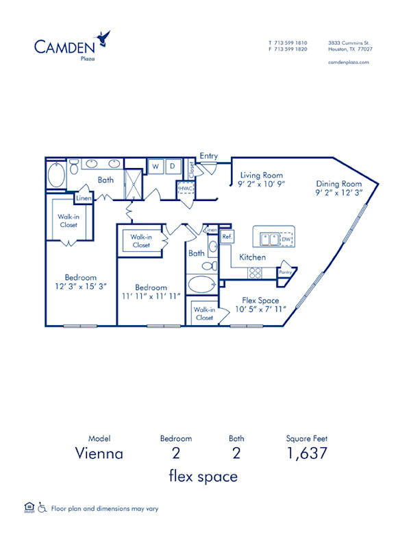 Blueprint of Vienna Floor Plan, 2 Bedrooms and 2 Bathrooms at Camden Plaza Apartments in Houston, TX