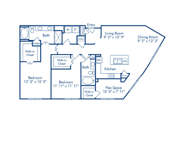Blueprint of Vienna Floor Plan, 2 Bedrooms and 2 Bathrooms at Camden Plaza Apartments in Houston, TX