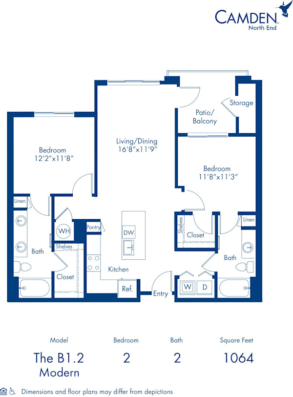 Camden North End apartments in Phoenix, Arizona two bedroom, two bathroom floor plan B1.2