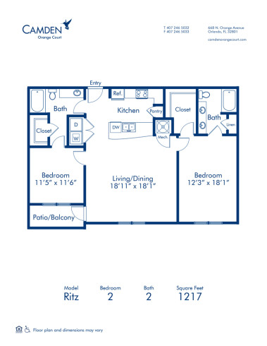 Blueprint of Ritz Floor Plan, Apartment Home with 2 Bedrooms and 2 Bathrooms at Camden Orange Court in Orlando, FL