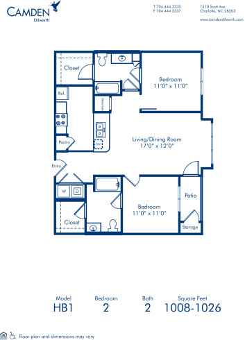 Blueprint of HB1 Floor Plan, 2 Bedrooms and 2 Bathrooms at Camden Dilworth Apartments in Charlotte, NC