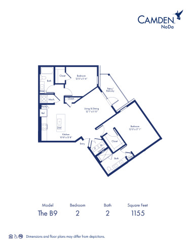 B9 floor plan, 2 bed and 2 bath apartment home at Camden NoDa in Charlotte, NC