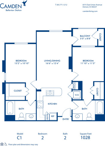 Blueprint of C1 Floor Plan, 2 Bedrooms and 2 Bathrooms at Camden Belleview Station Apartments in Denver, CO