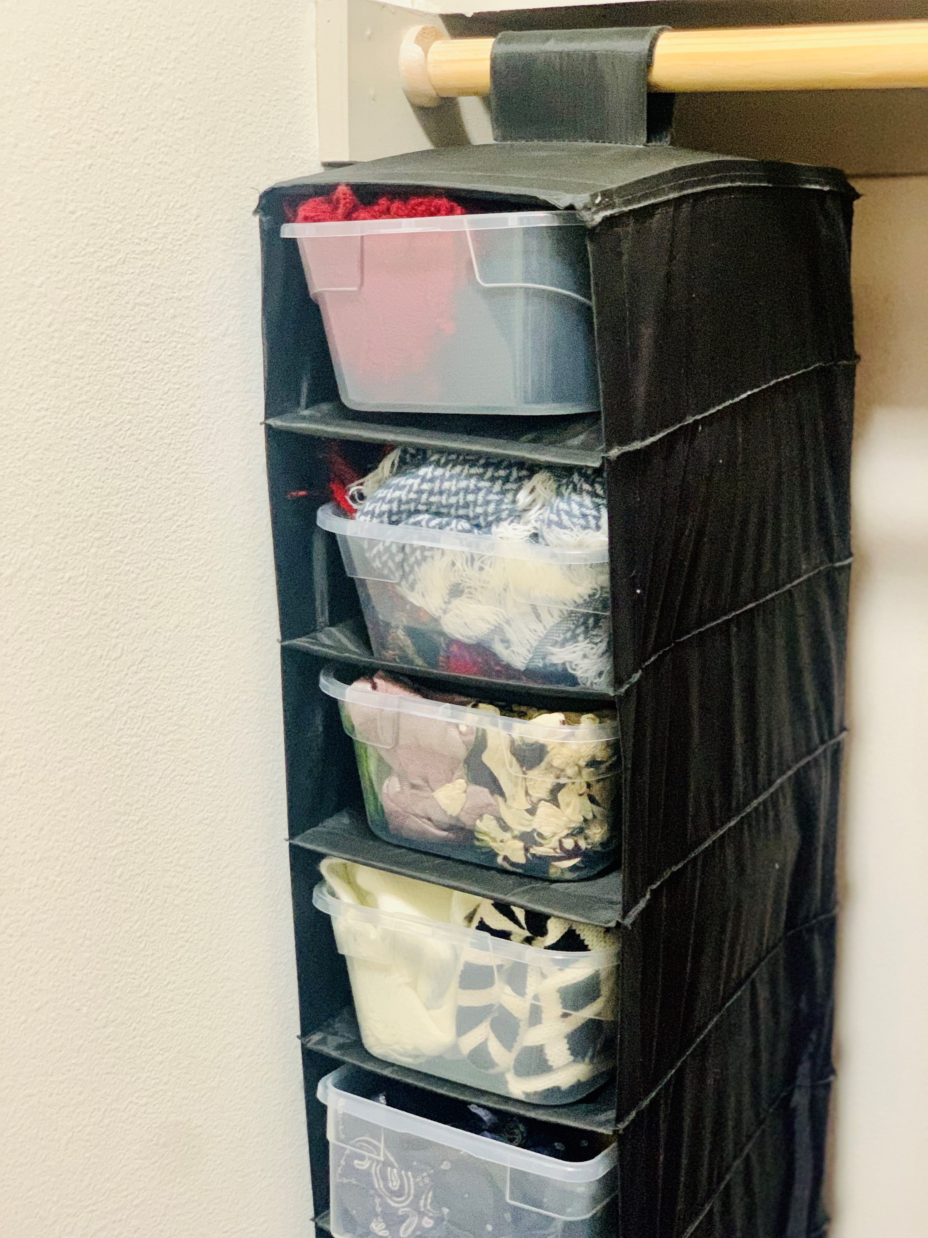 Hanging shoe organizer with plastic bins for storage