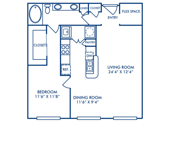 Blueprint of A5A Floor Plan, 1 Bedroom and 1 Bathroom at Camden Farmers Market Apartments in Dallas, TX