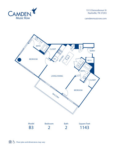 Blueprint of B3 Floor Plan, 2 Bedrooms and 2 Bathrooms at Camden Music Row Apartments in Nashville, TN