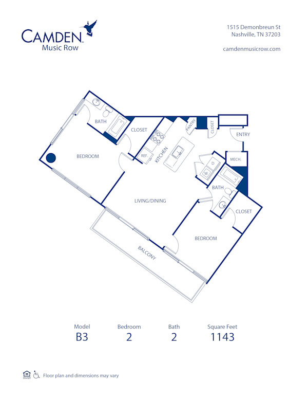 Blueprint of B3 Floor Plan, 2 Bedrooms and 2 Bathrooms at Camden Music Row Apartments in Nashville, TN