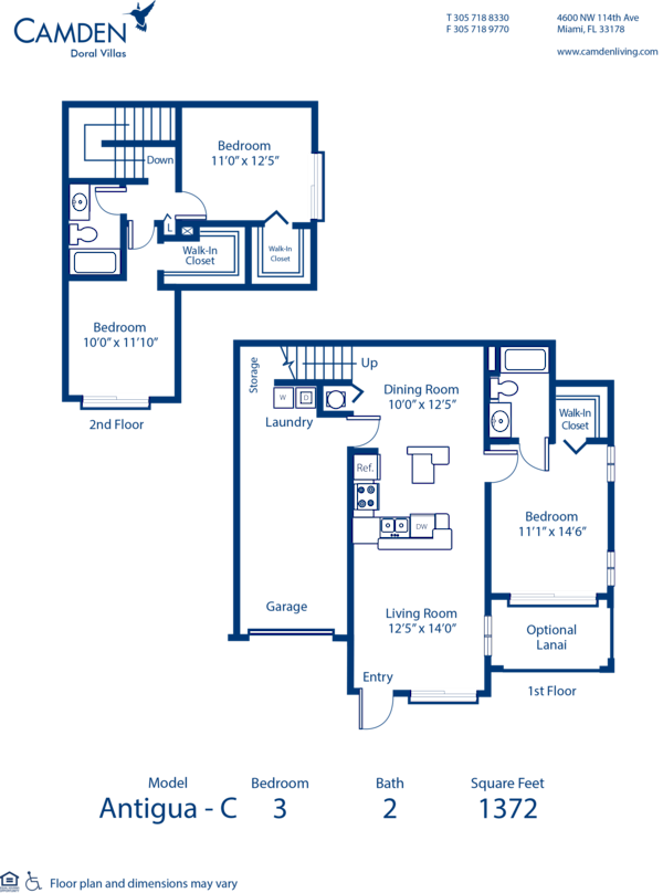 Blueprint of Antigua - C Floor Plan, Apartment Home with 3 Bedrooms and 2 Bathrooms at Camden Doral Villas in Doral, FL