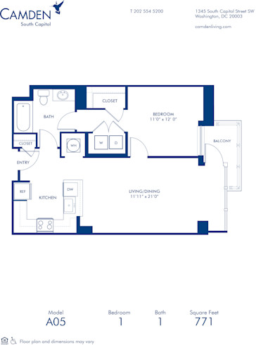 Blueprint of A05 Floor Plan, 1 Bedroom and 1 Bathroom at Camden South Capitol Apartments in Washington, DC