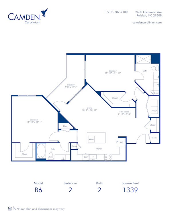 Camden Carolinian apartments in Raleigh, North Carolina two bedroom floor plan B6